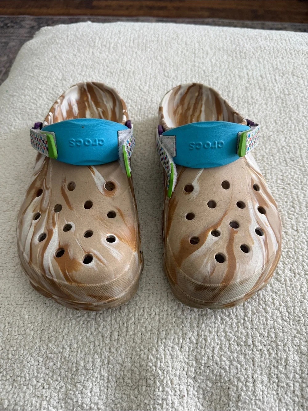 CROCS Beige Marble Clog with Multicolor Strap Cinnamon Toast Crunch